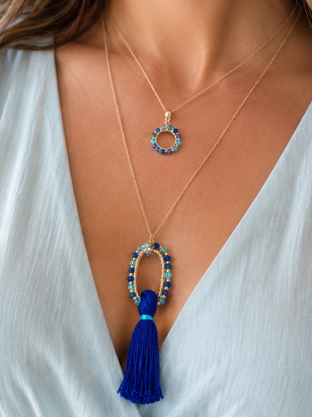 2-Piece Gold Plated Blue Gemstone Necklace Set – Tassel & Circle Pendants